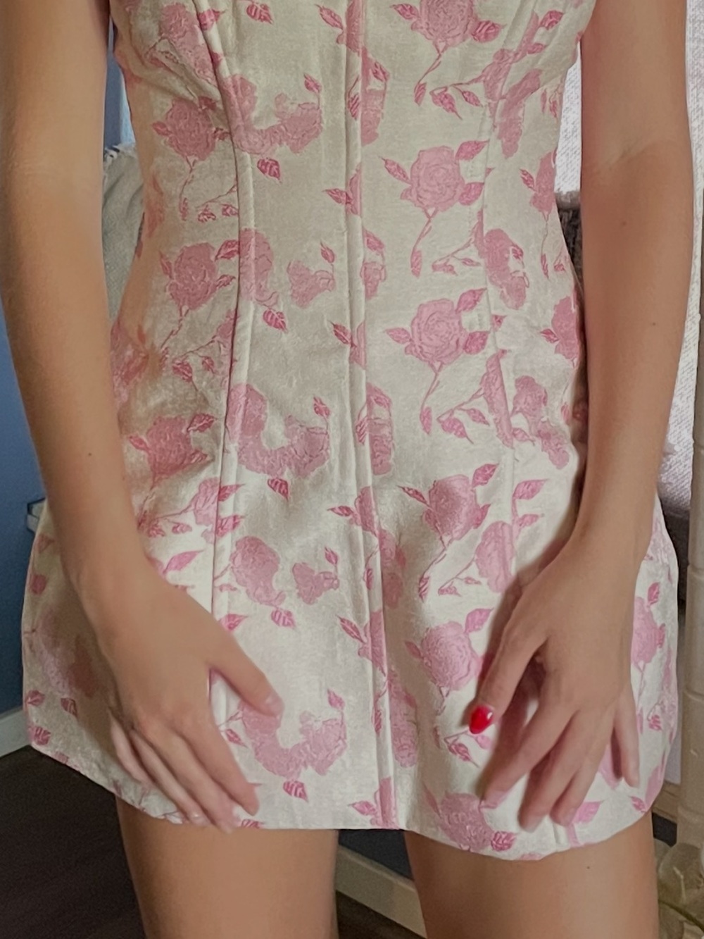 Showpo Cream Mini Dress with Pink Rose Motif